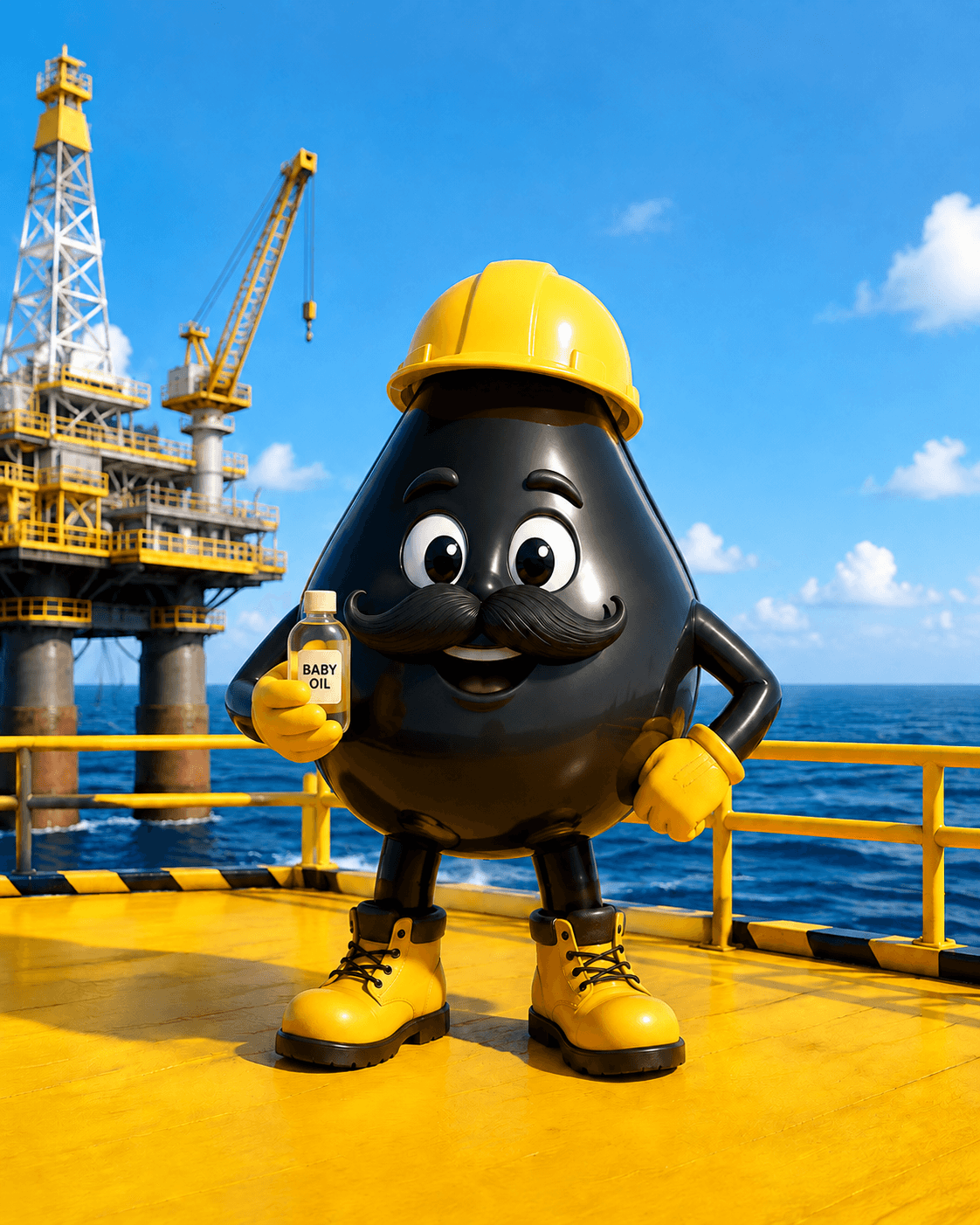 Moustached oil-drop mascot holding a small generic BABY OIL bottle on a bright offshore platform